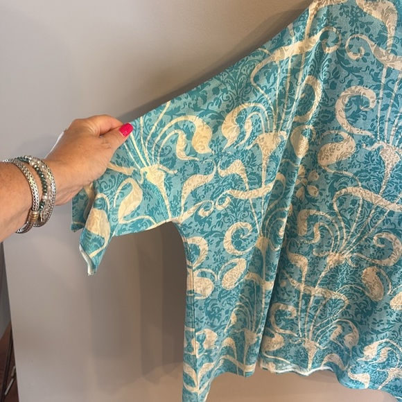 Nally & Millie ONE SIZE turquoise cream patterned top blouse asymmetrical - Picture 4 of 8